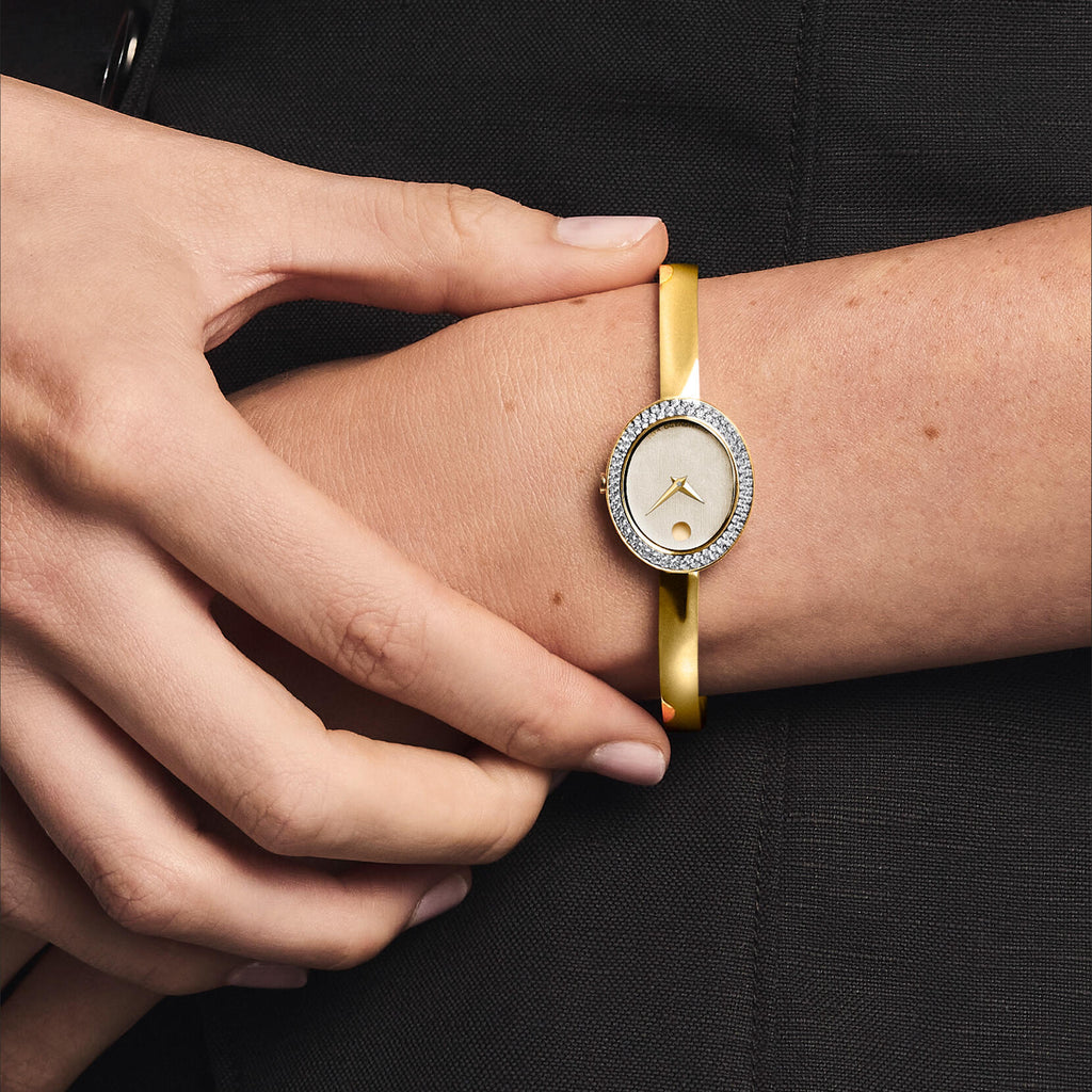 Museum Bangle, Quartz, Beige Dial, Lab Diamond Bezel, 21.5mm by 25.5mm, yellow gold PVD, Bangle (Copy)