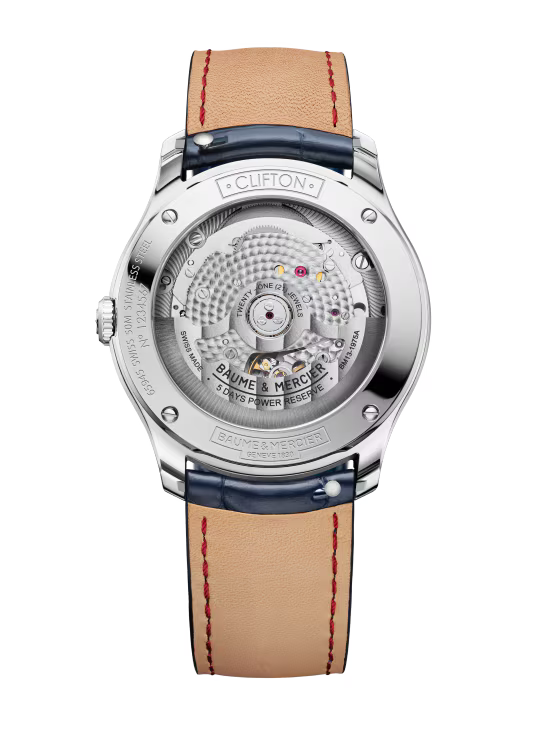 Clifton 10771 39mm Steel Case, Steel Bezel, Exhibition Back, Automatic, Blue Dial, Leather
