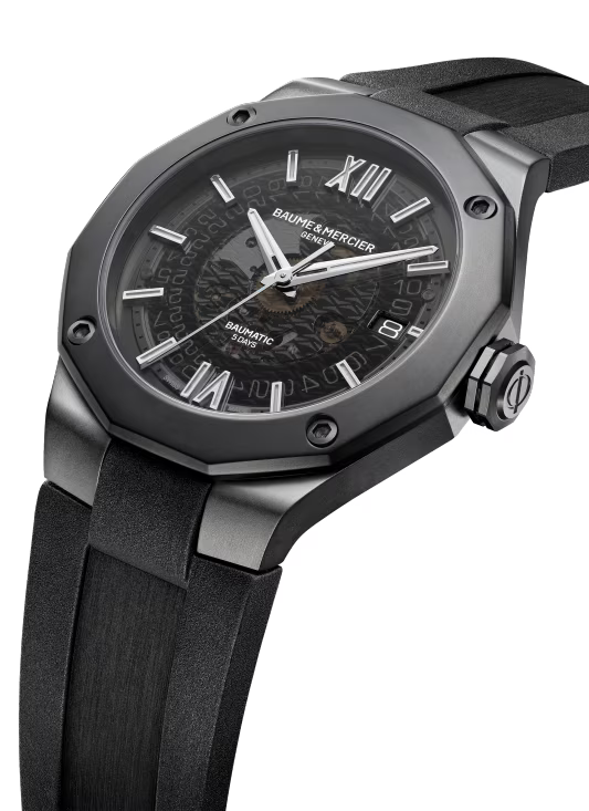 Riviera 10617 42mm Black ADLC Steel Case, Dodecagonal Bezel, Exhibition Back, Automatic, Grey Dial, Rubber Strap