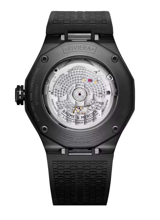 Riviera 10617 42mm Black ADLC Steel Case, Dodecagonal Bezel, Exhibition Back, Automatic, Grey Dial, Rubber Strap