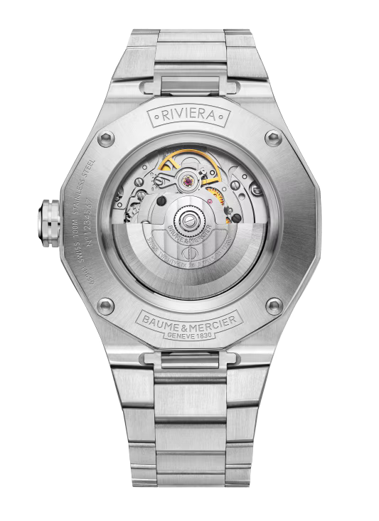 Riviera 10621 42mm Steel Case, Dodecagonal Steel Bezel, Exhibition Back, Automatic, Black Dial, Steel Bracelet