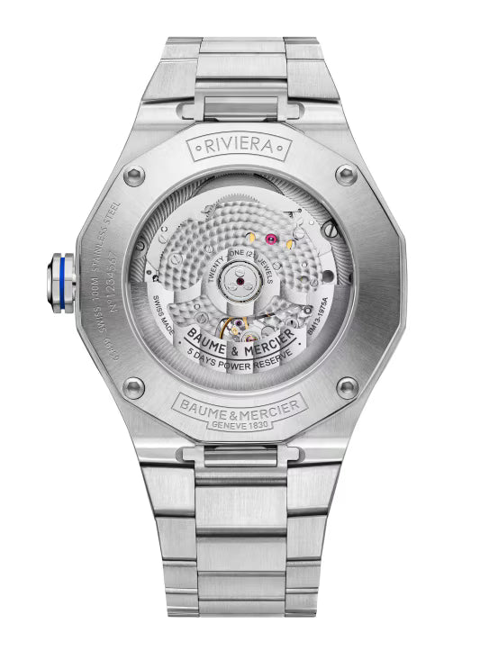 Riviera 10616 42mm Steel Case, Dodecagonal Steel Bezel, Exhibition Back, Automatic, Blue Dial, Steel Bracelet