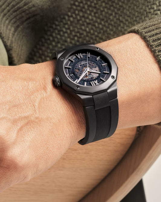 Riviera 10617 42mm Black ADLC Steel Case, Dodecagonal Bezel, Exhibition Back, Automatic, Grey Dial, Rubber Strap