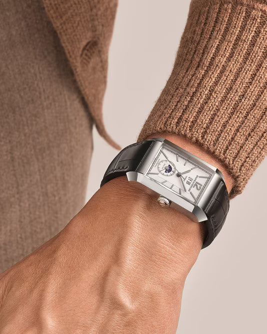 Hampton 10523 Automatic Watch, Dual Time, Big Date, 48 x 31 mm Steel Case, Leather Strap