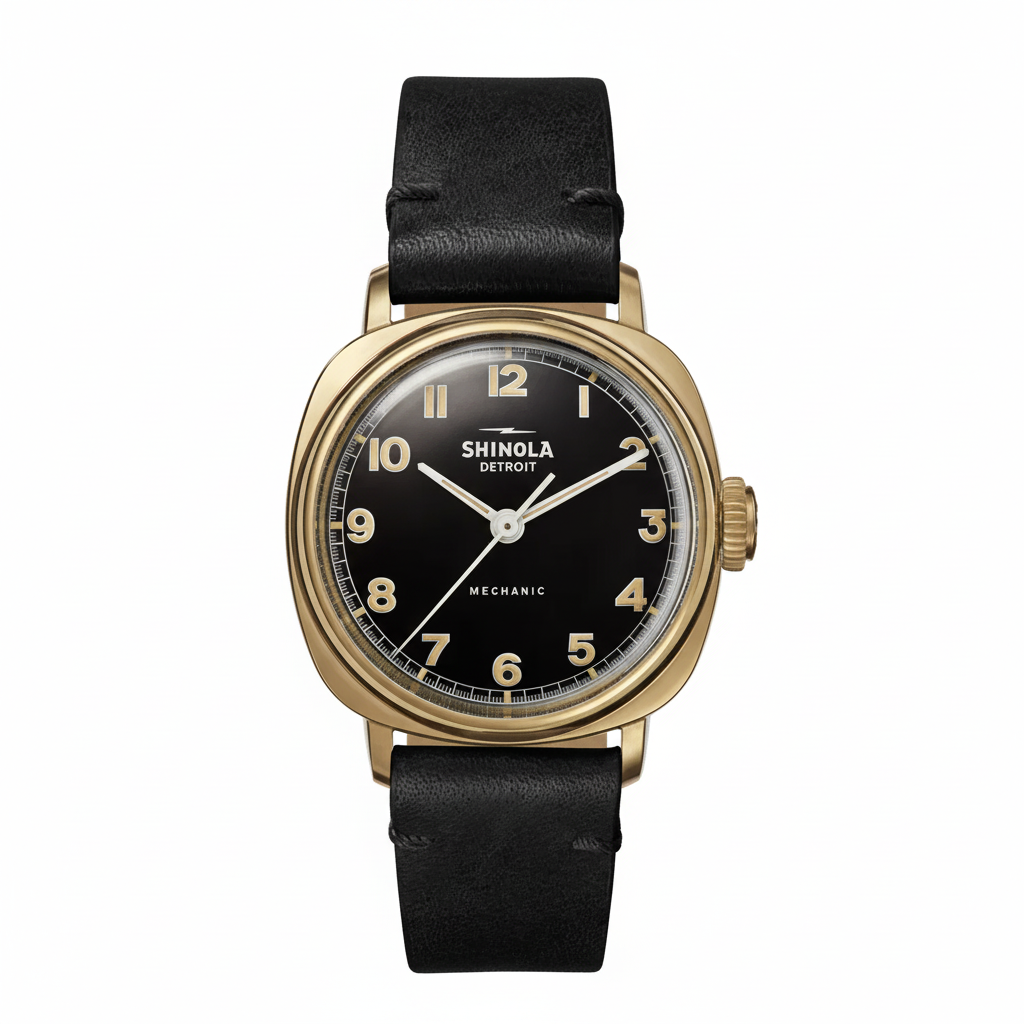 Shinola Mechanic 39mm case black dial leather strap - Shami Fine Watchmaking & Jewelry