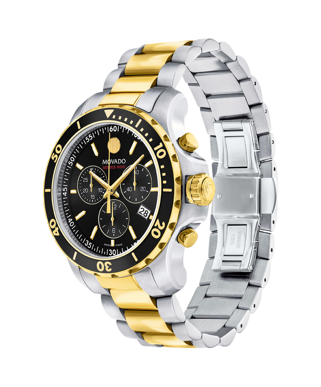 Movado Series 800, Quartz, Black Chronograph Dial, 42 mm Gold PVD Stainless Steel Case, Bracelet
