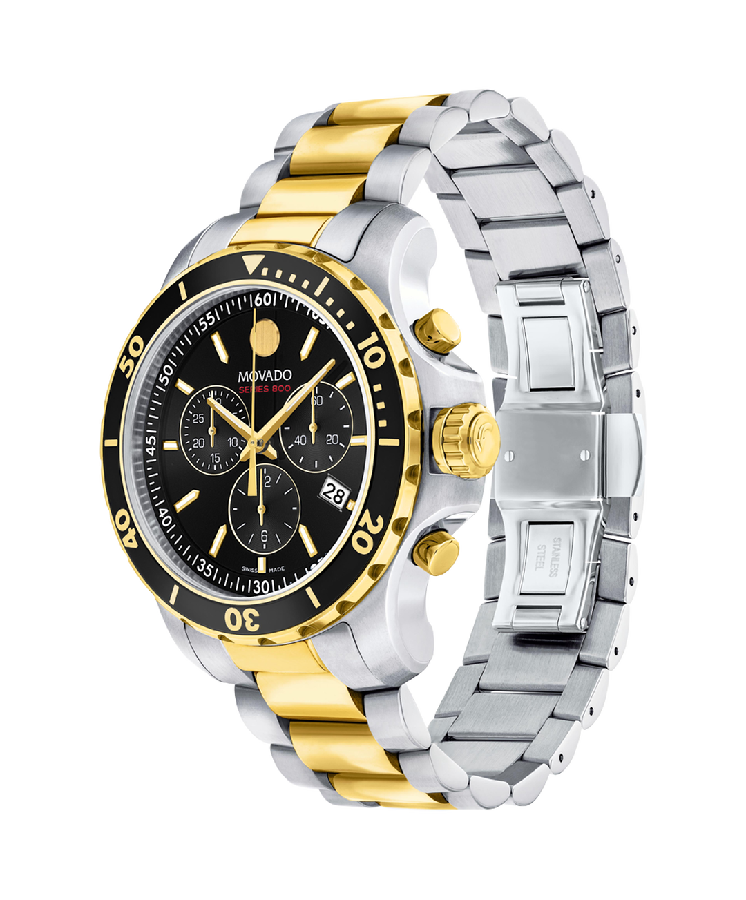 Movado Series 800, Quartz, Black Chronograph Dial, 42 mm Gold PVD Stainless Steel Case, Bracelet