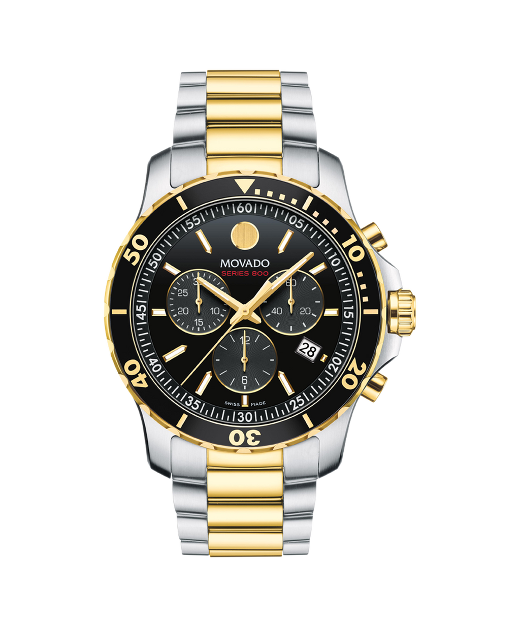 Movado Series 800, Quartz, Black Chronograph Dial, 42 mm Gold PVD Stainless Steel Case, Bracelet