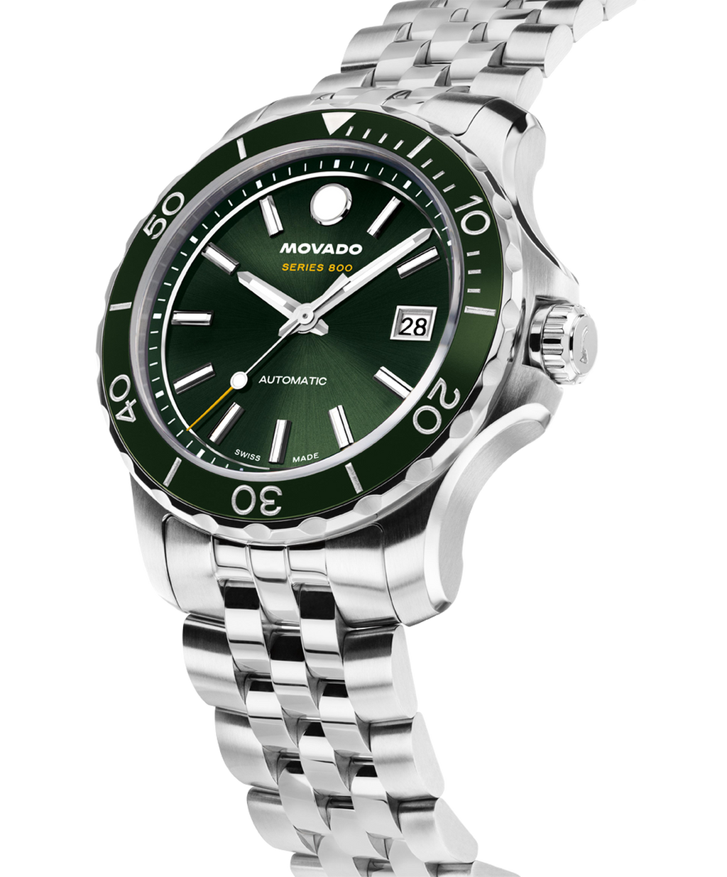 Movado Series 800, Automatic, Green Sunray Dial, Green Dive Bezel, 40mm St/St Case, Bracelet