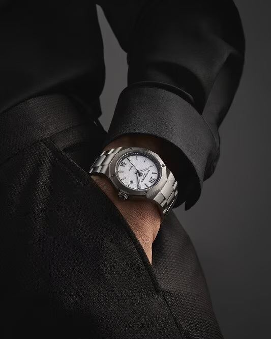 Riviera 10829 42mm Steel Case, Dodecagonal Steel Bezel, Exhibition Back, Automatic, White Dial, Steel Bracelet
