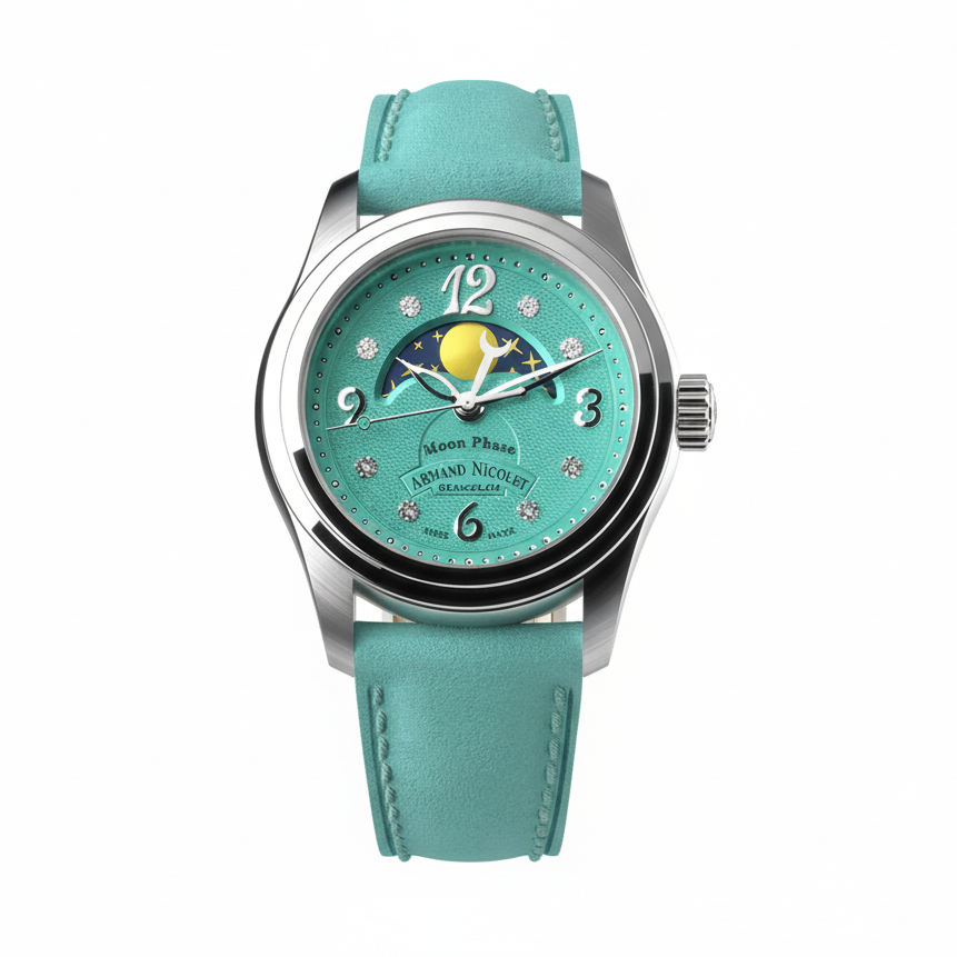 ARMAND NICOLET M03-4, Quartz Moon Phase Ronda 708 with Aqua Volcanic Sand Dial - Shami Fine Watchmaking & Jewelry