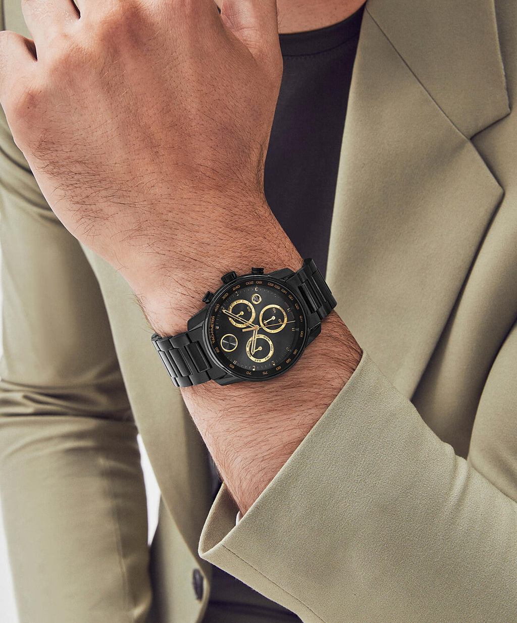 Movado Bold Verso Chronograph, Quartz, Black/Gold Dial, 44 mm Black PVD Stainless Steel Case, Bracelet