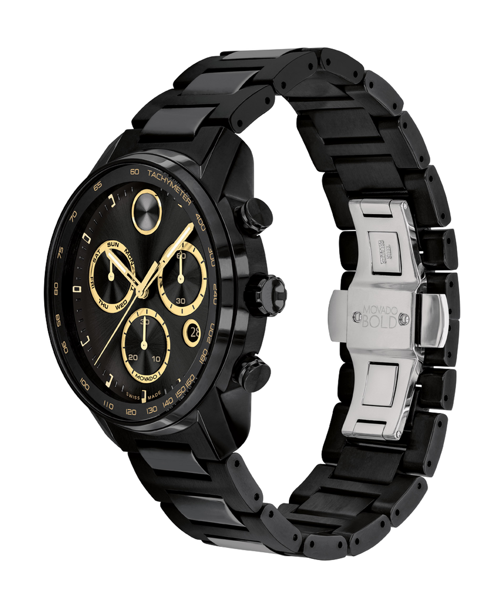 Movado Bold Verso Chronograph, Quartz, Black/Gold Dial, 44 mm Black PVD Stainless Steel Case, Bracelet