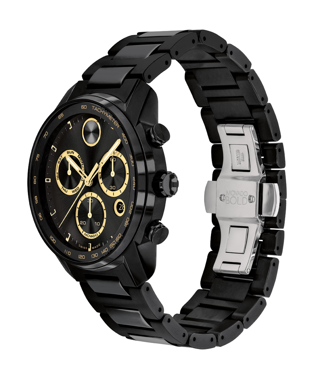 Movado Bold Verso Chronograph, Quartz, Black/Gold Dial, 44 mm Black PVD Stainless Steel Case, Bracelet