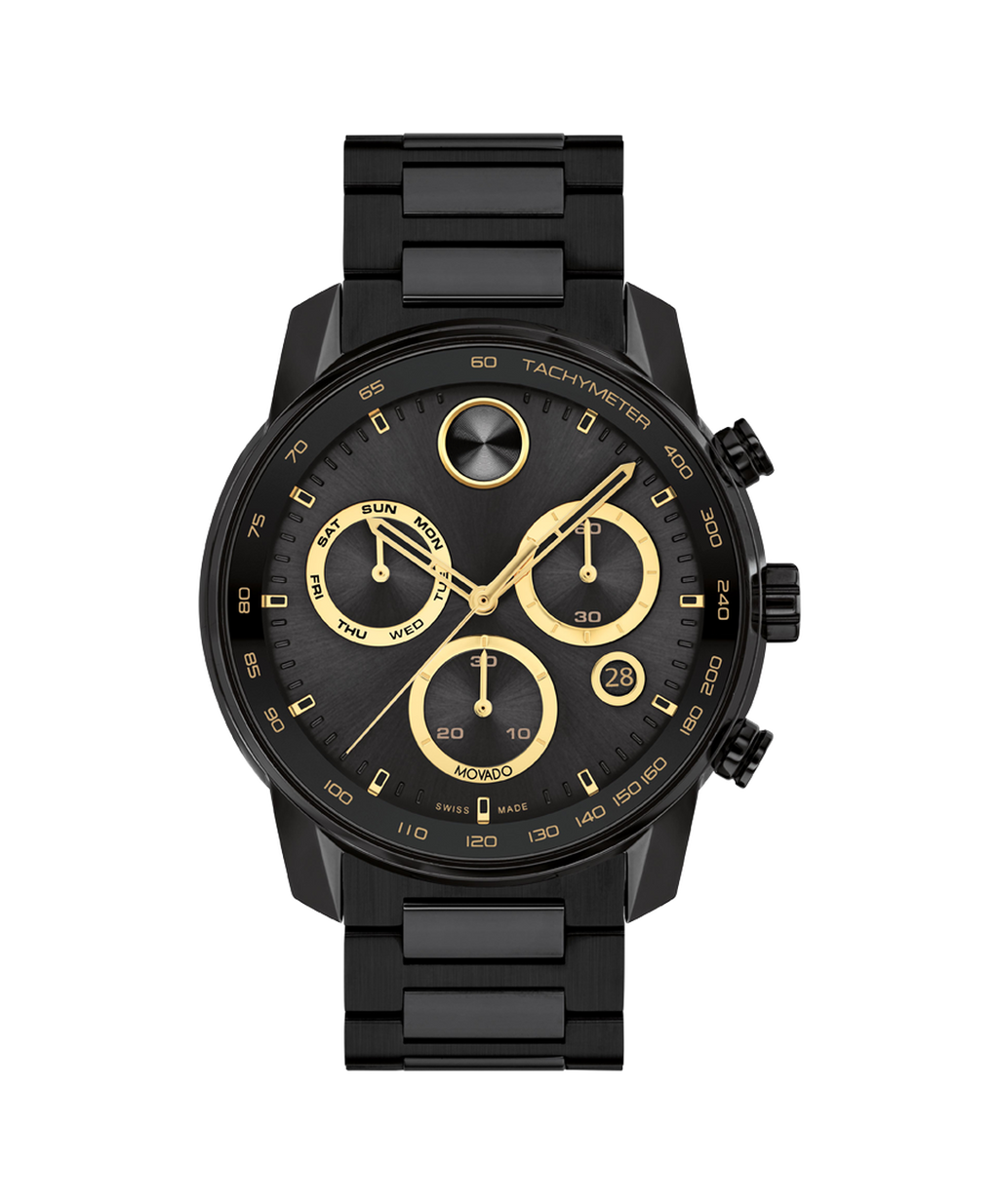 Movado Bold Verso Chronograph, Quartz, Black/Gold Dial, 44 mm Black PVD Stainless Steel Case, Bracelet