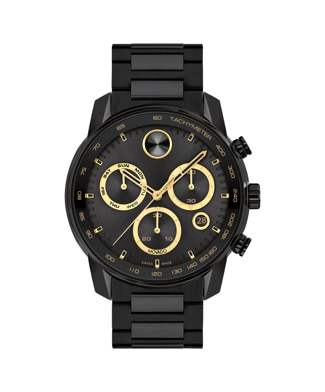 Movado Bold Verso Chronograph, Quartz, Black/Gold Dial, 44 mm Black PVD Stainless Steel Case, Bracelet
