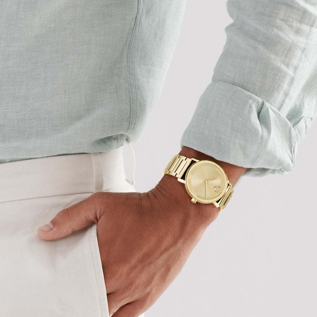 Movado Bold Evolution, Quartz, Gold Dial, 40mm Gold PVD Case, Bracelet