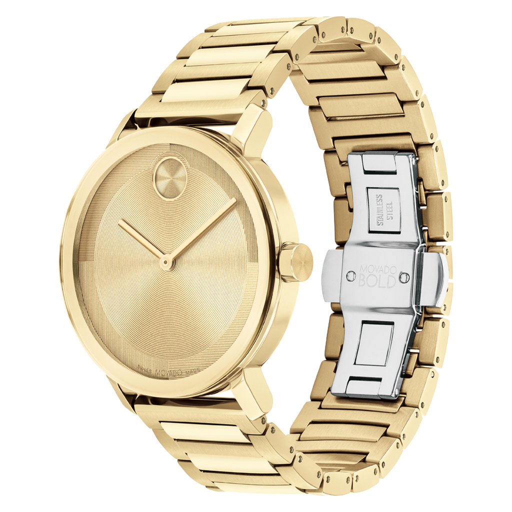 Movado Bold Evolution, Quartz, Gold Dial, 40mm Gold PVD Case, Bracelet