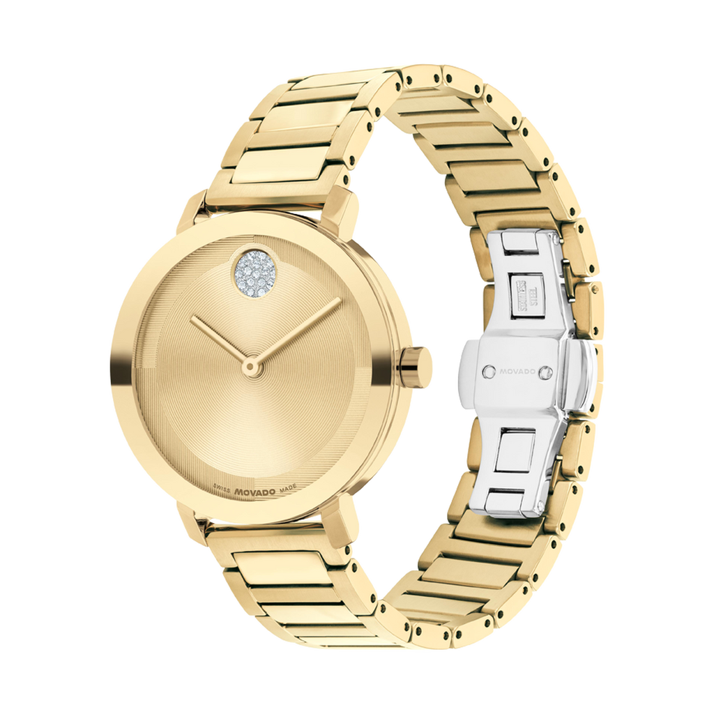 Movado Bold Evolution, Quartz, Crystal Dot Gold Dial, 34mm Gold PVD Case, Bracelet