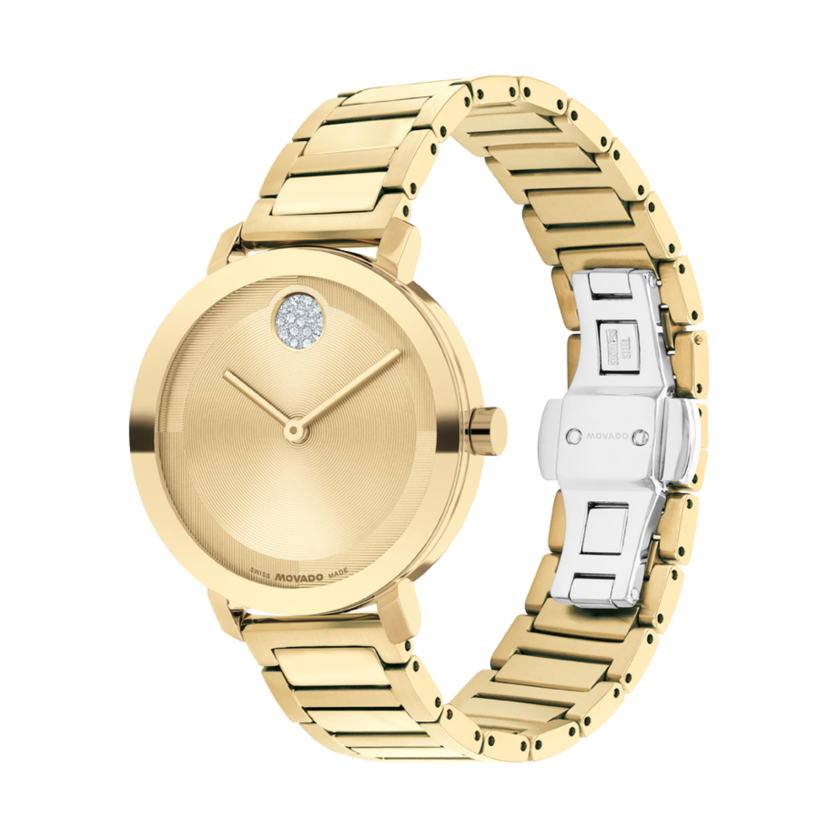 Movado Bold Evolution, Quartz, Crystal Dot Gold Dial, 34mm Gold PVD Case, Bracelet
