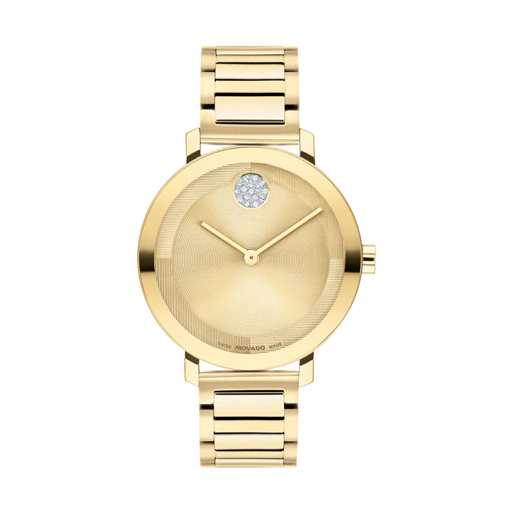 Movado Bold Evolution, Quartz, Crystal Dot Gold Dial, 34mm Gold PVD Case, Bracelet
