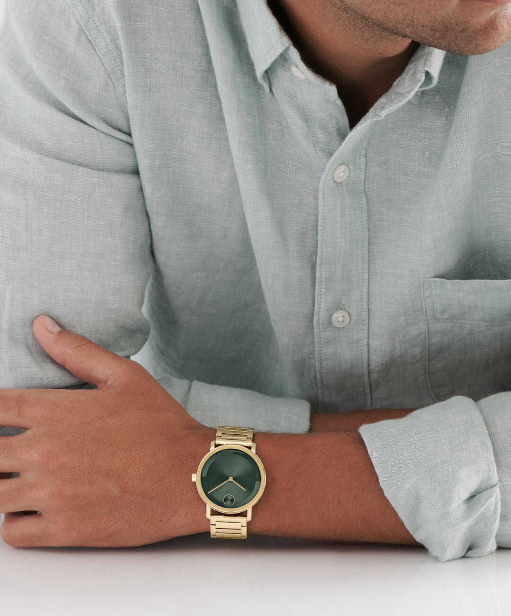 Movado Bold Evolution, Quartz, Green Dial, 40mm Gold PVD Case, Bracelet