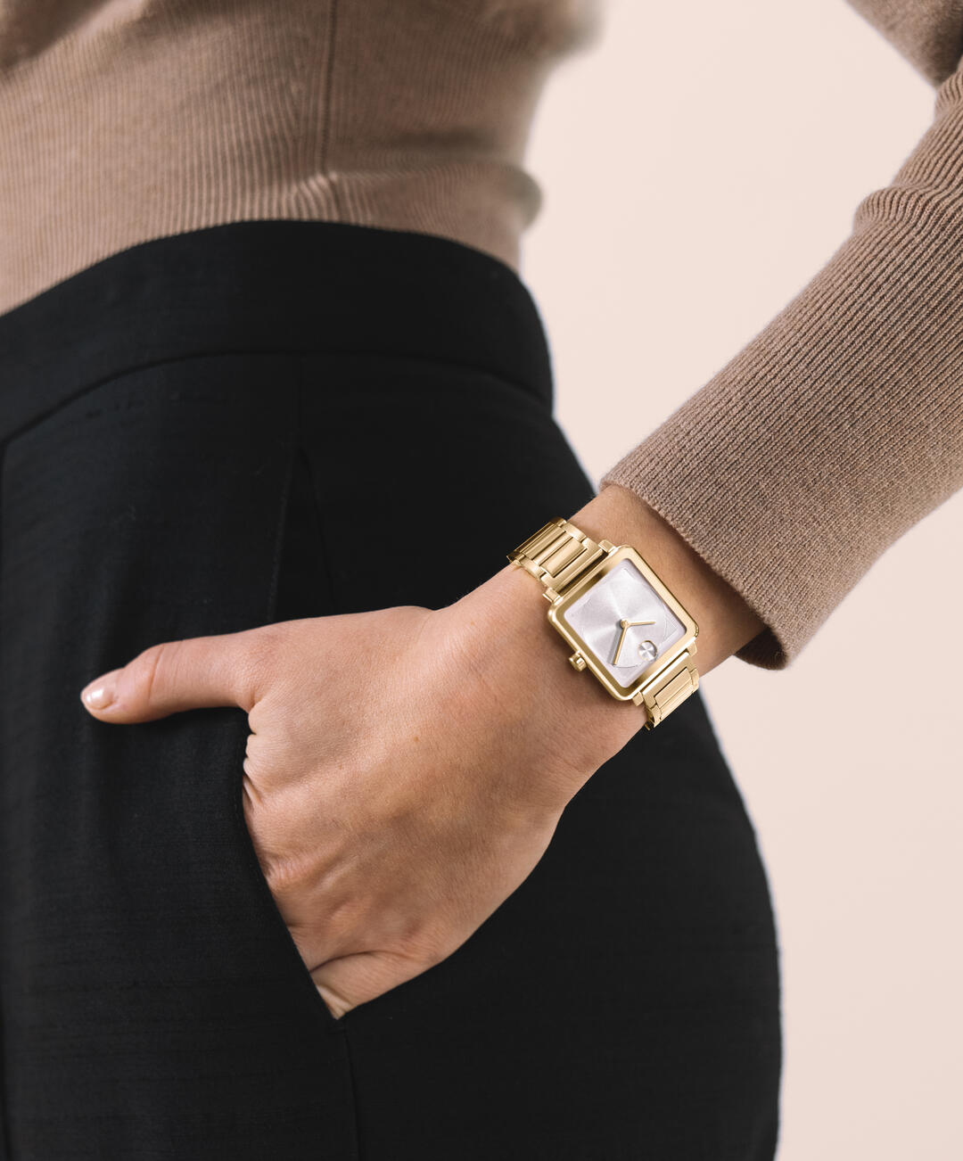 Movado Bold Evolution, Quartz, White Dial, 28x26mm Gold PVD Case, Bracelet