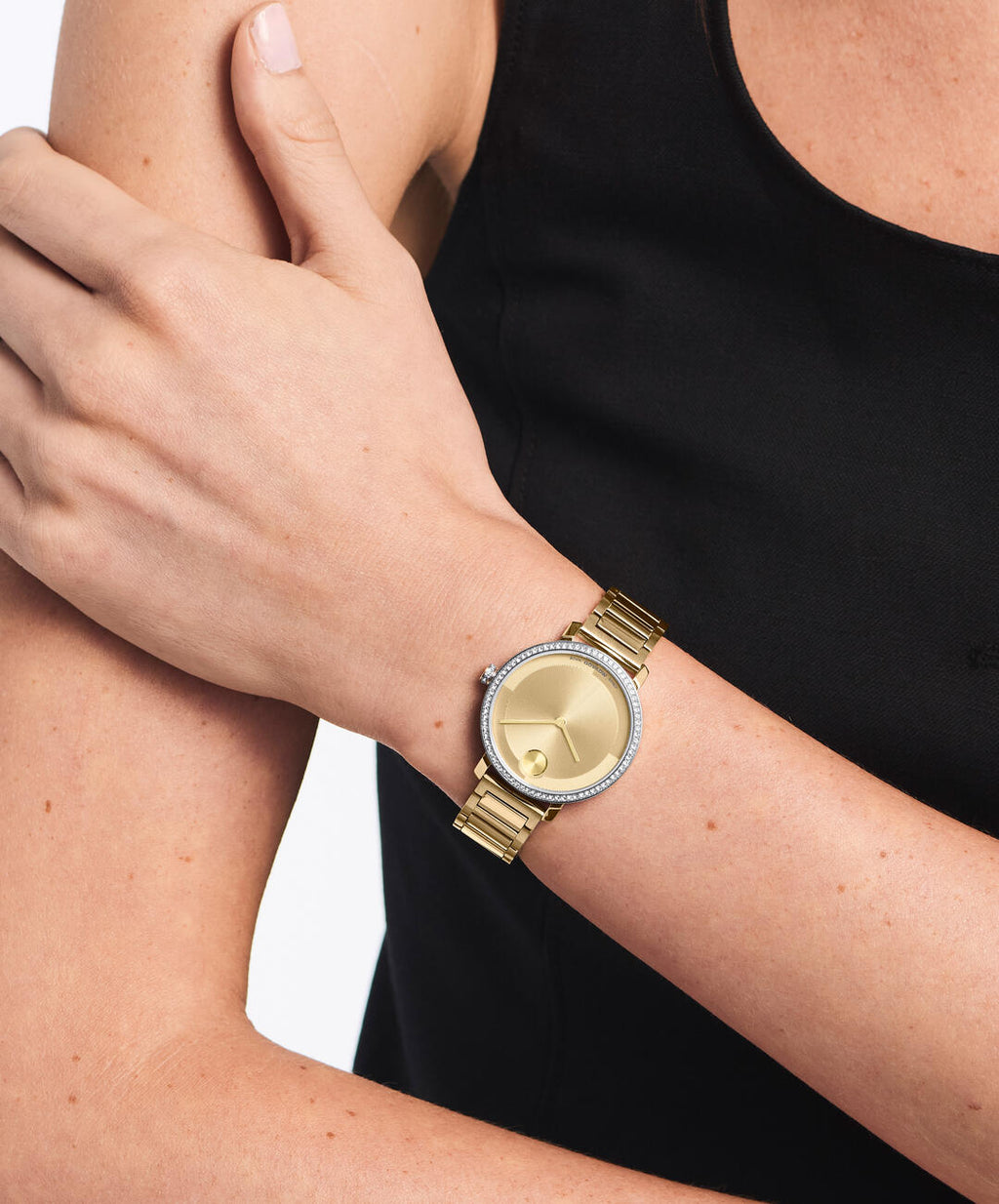 Movado Bold Evolution, Quartz, Gold Dial, 34mm Gold PVD Case, Crystal Bezel, Bracelet