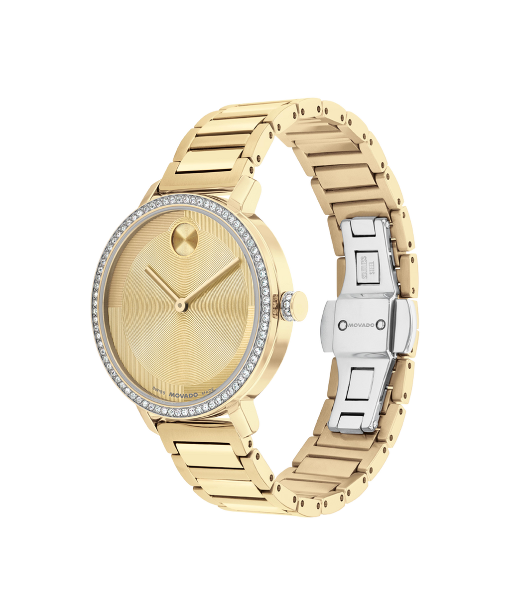 Movado Bold Evolution, Quartz, Gold Dial, 34mm Gold PVD Case, Crystal Bezel, Bracelet