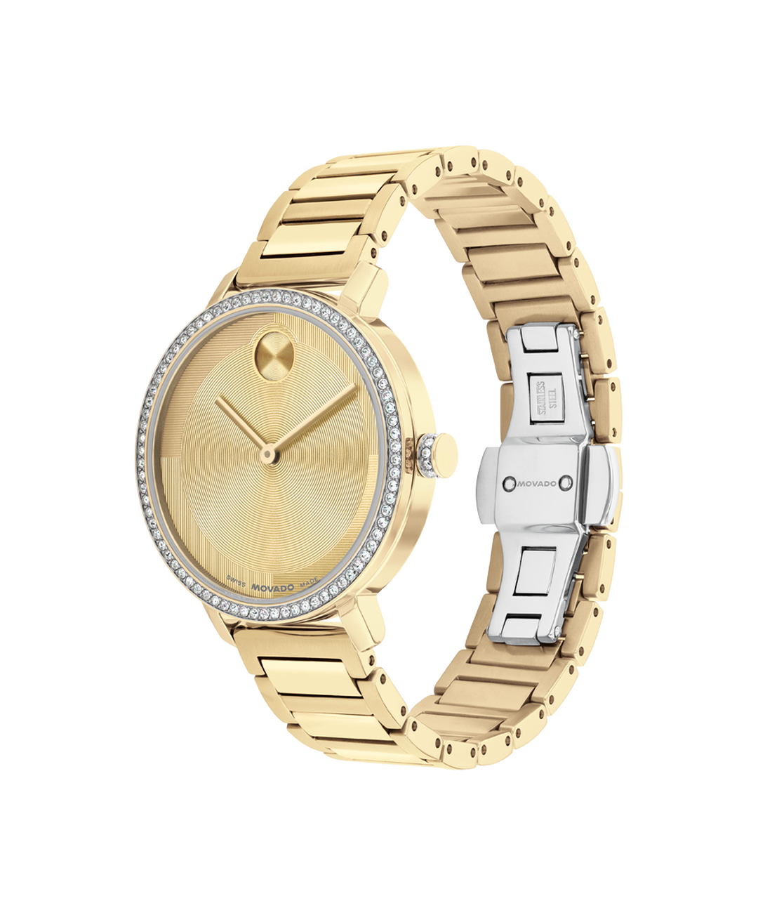 Movado Bold Evolution, Quartz, Gold Dial, 34mm Gold PVD Case, Crystal Bezel, Bracelet