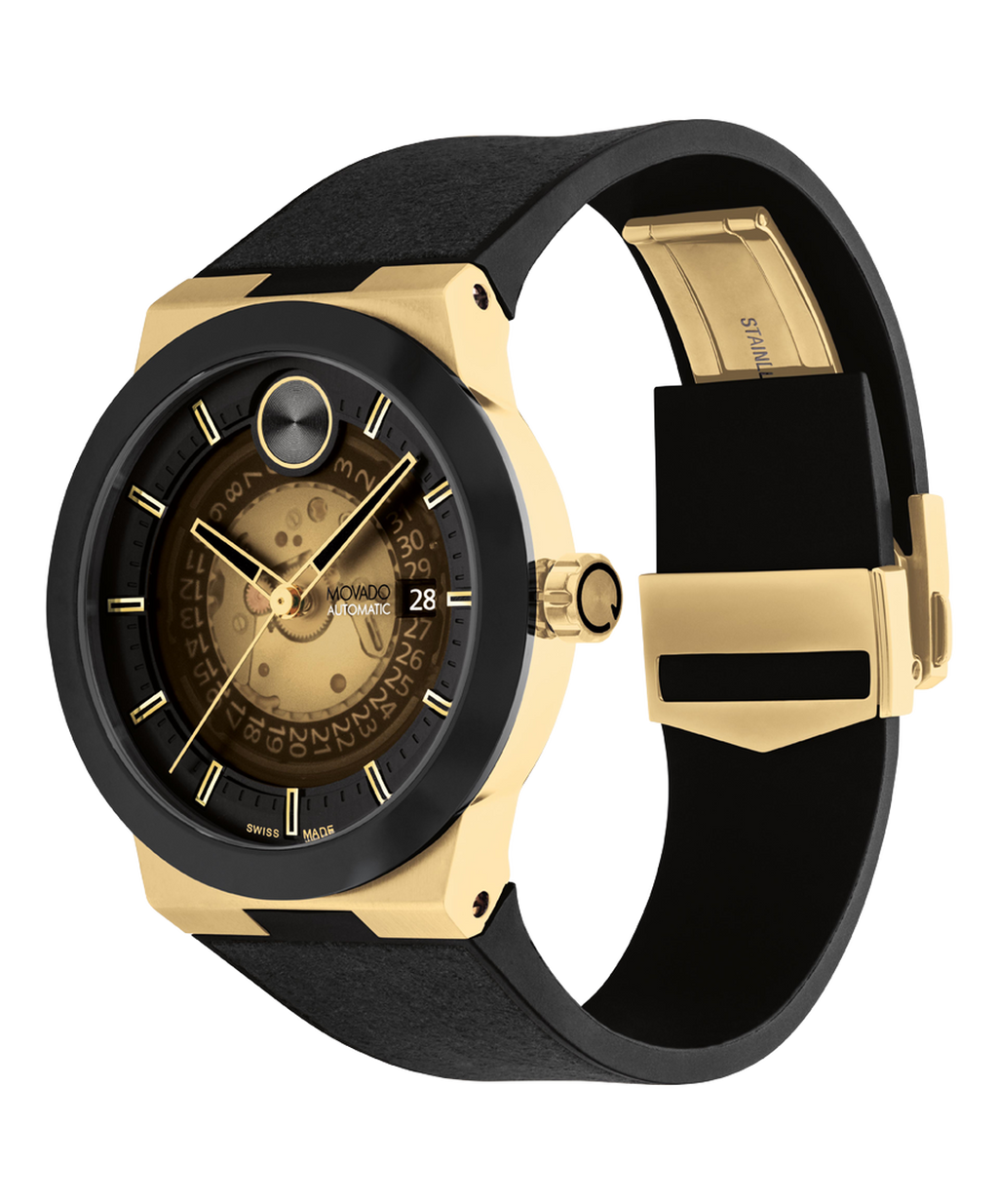 Movado Bold Fusion, Exhibition Dial and Case Back, 44mm, Rubber Strap, Clasp