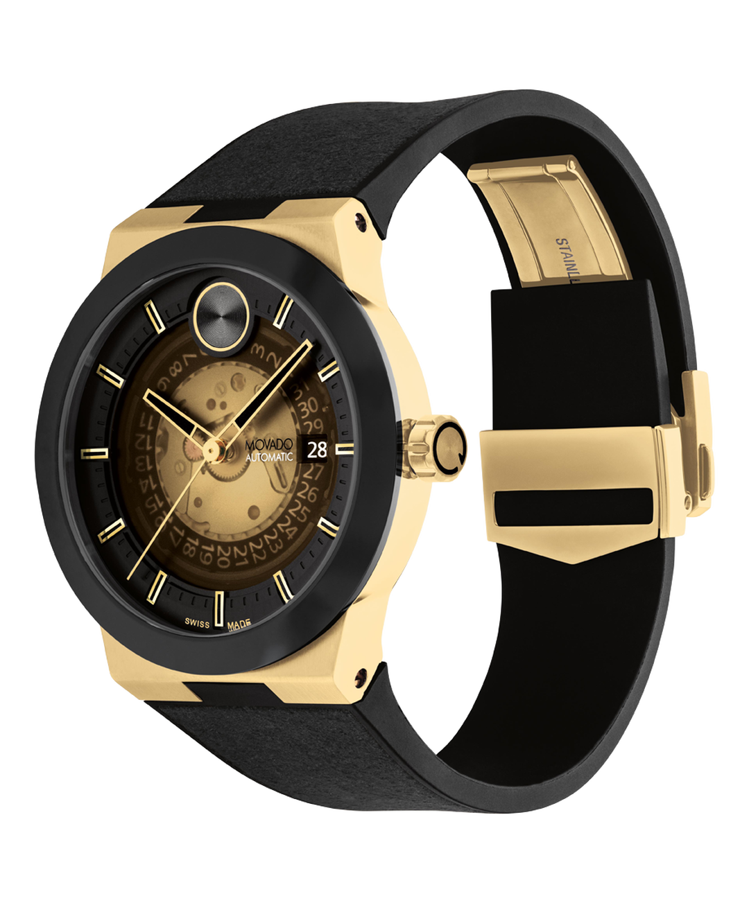 Movado Bold Fusion, Exhibition Dial and Case Back, 44mm, Rubber Strap, Clasp