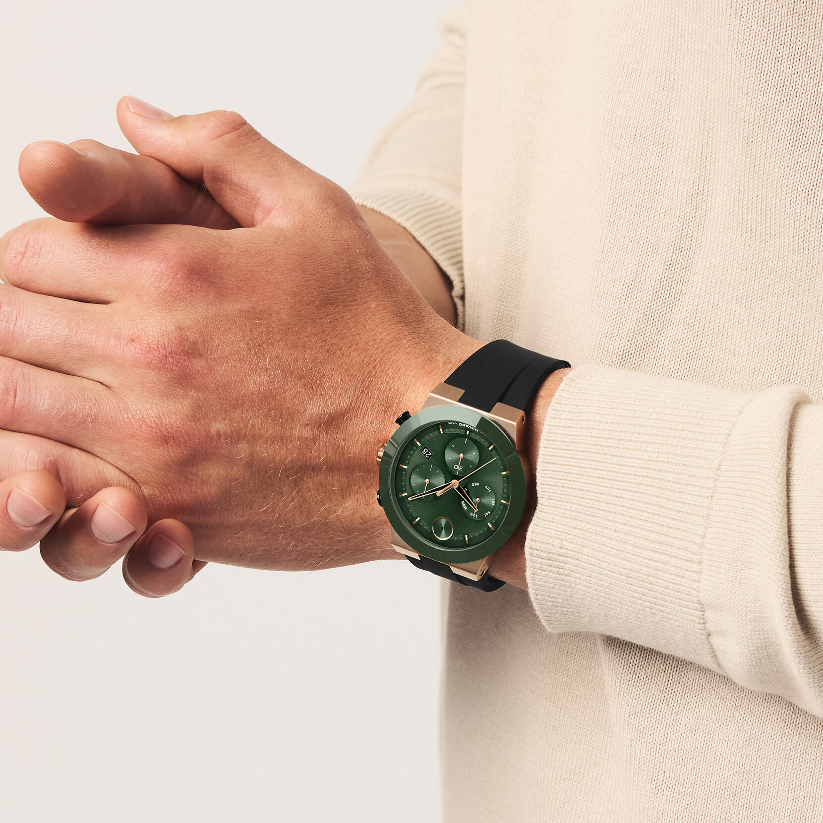 Movado Bold Fusion Chronograph, Green Dial, Ceramic Bezel, 44mm case, Rubber Strap, Clasp