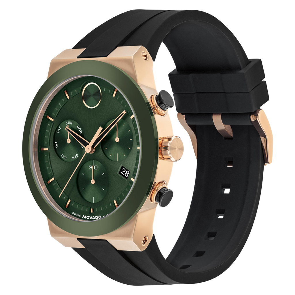 Movado Bold Fusion Chronograph, Green Dial, Ceramic Bezel, 44mm case, Rubber Strap, Clasp
