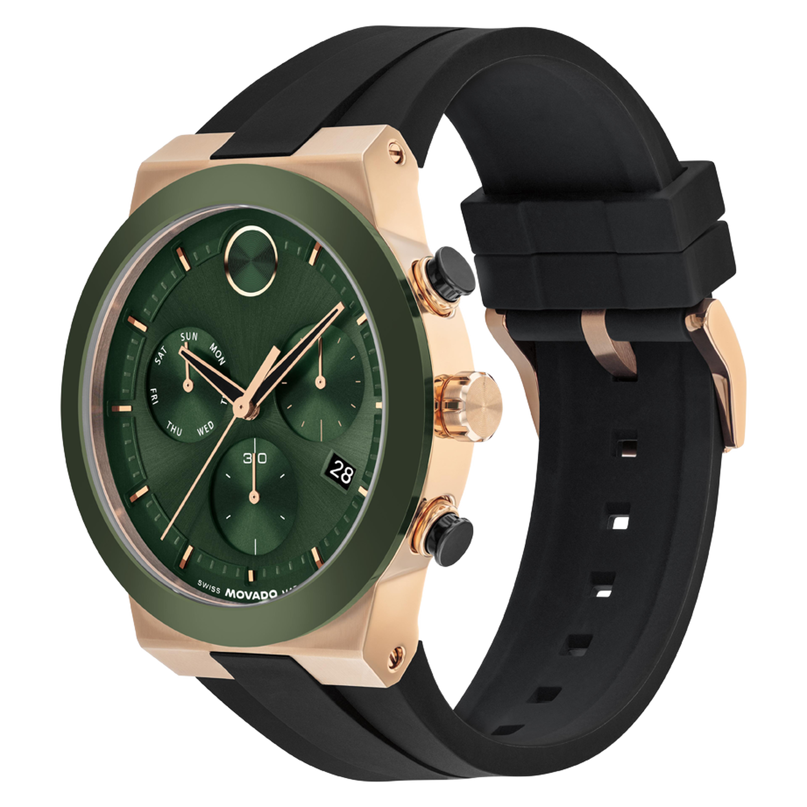 Movado Bold Fusion Chronograph, Green Dial, Ceramic Bezel, 44mm case, Rubber Strap, Clasp