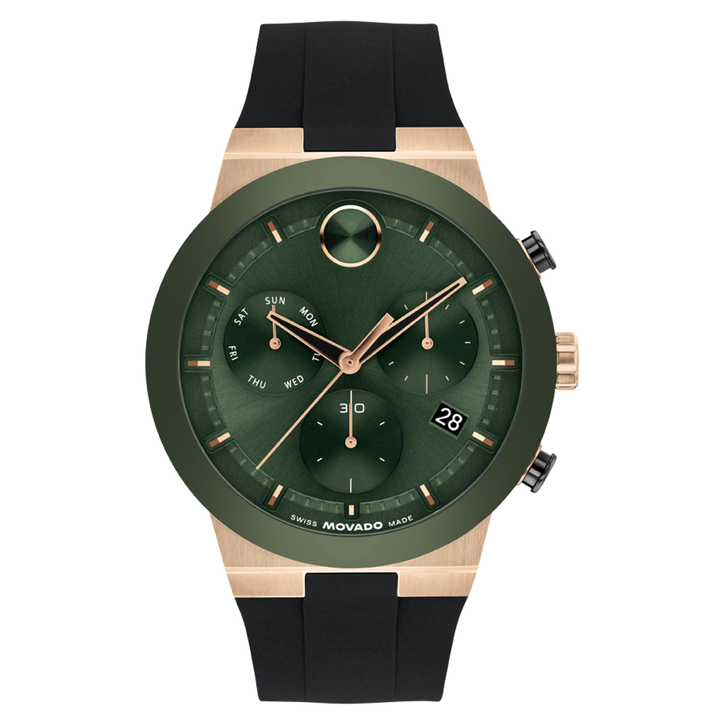 Movado Bold Fusion Chronograph, Green Dial, Ceramic Bezel, 44mm case, Rubber Strap, Clasp