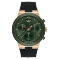 Movado Bold Fusion Chronograph, Green Dial, Ceramic Bezel, 44mm case, Rubber Strap, Clasp