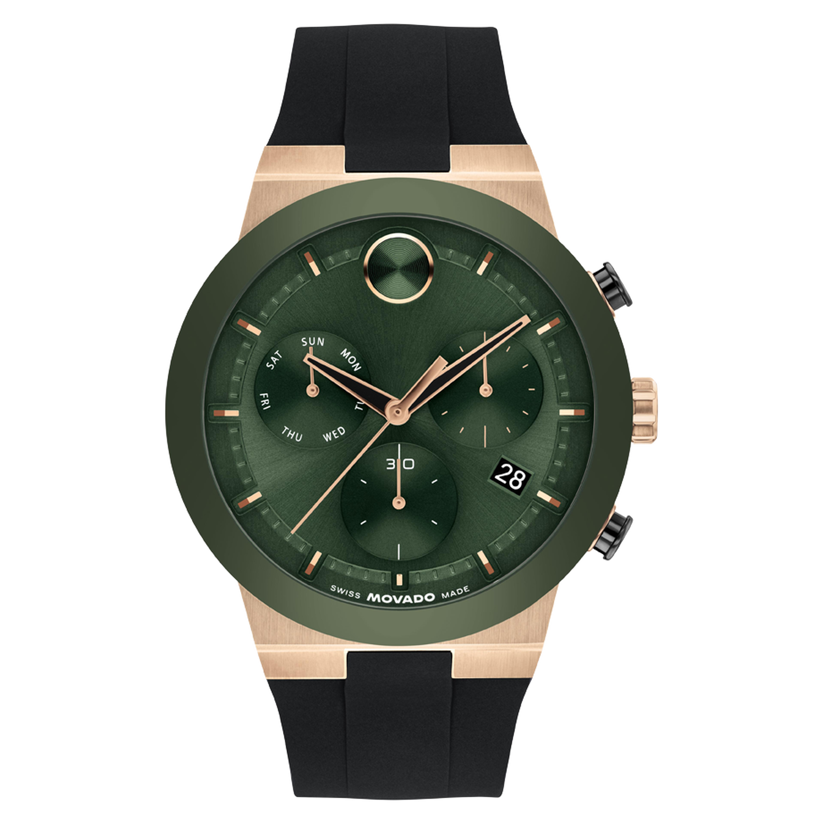 Movado Bold Fusion Chronograph, Green Dial, Ceramic Bezel, 44mm case, Rubber Strap, Clasp