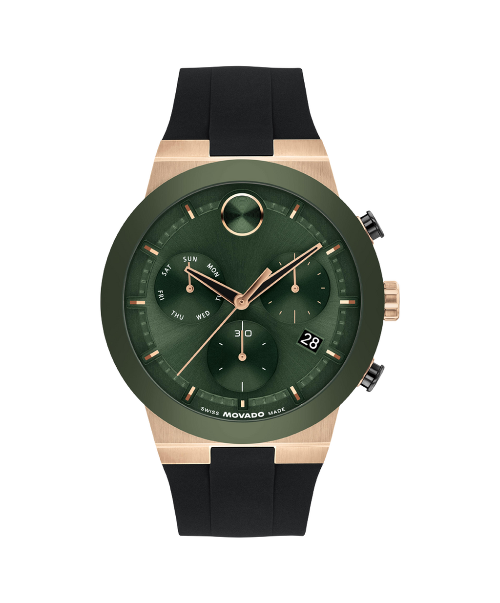 Movado Bold Fusion Chronograph, Green Dial, Ceramic Bezel, 44mm case, Rubber Strap, Clasp
