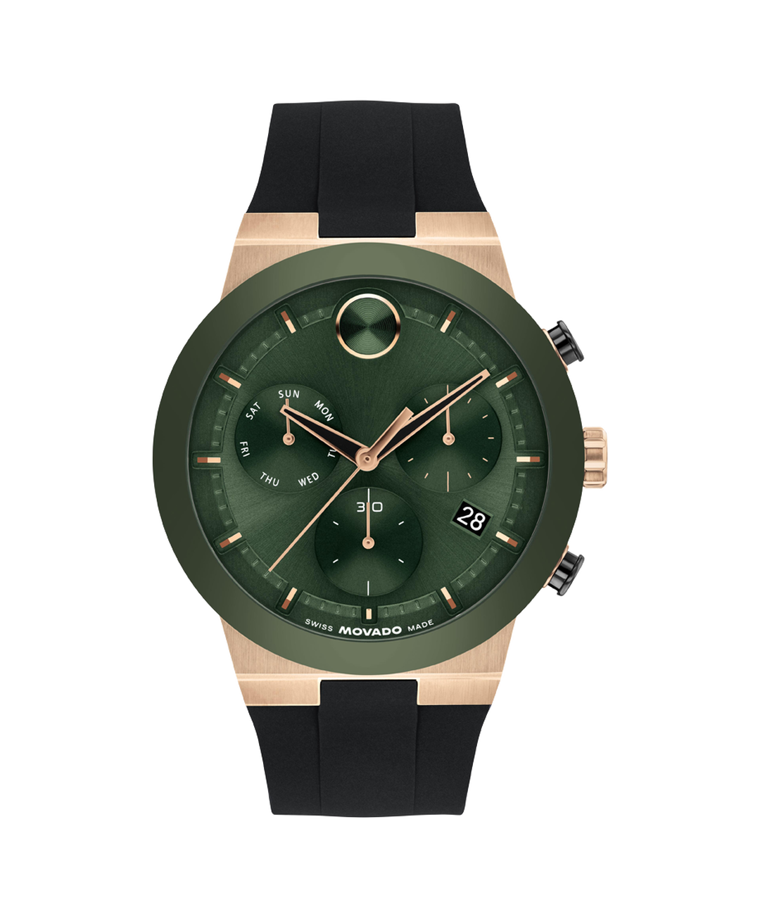 Movado Bold Fusion Chronograph, Green Dial, Ceramic Bezel, 44mm case, Rubber Strap, Clasp