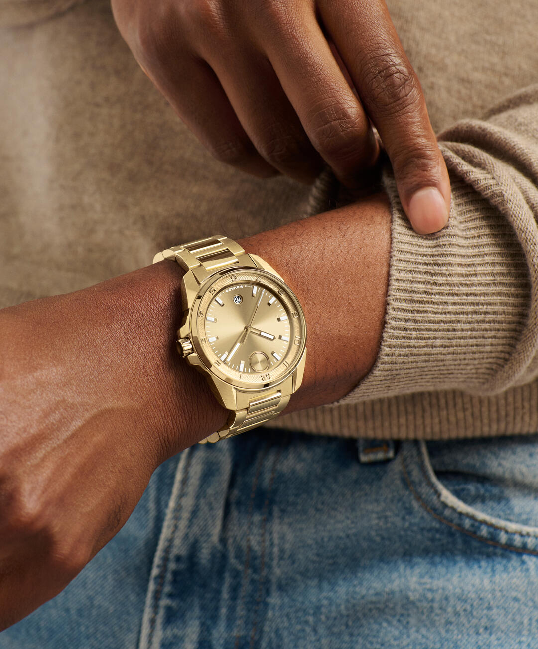 Movado Bold Verso Quartz, Gold Dial, 42mm Gold PVD Case, Bracelet