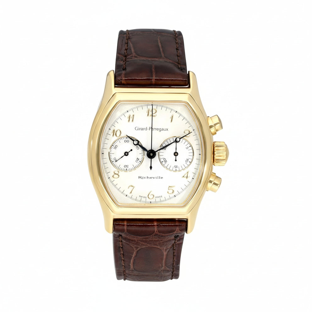 Girard-Perregaux Richeville-Chronographe 2710, 35mm x 45mm 18k yellow Mechanical Chronograph, white dial - Shami Fine Watchmaking & Jewelry