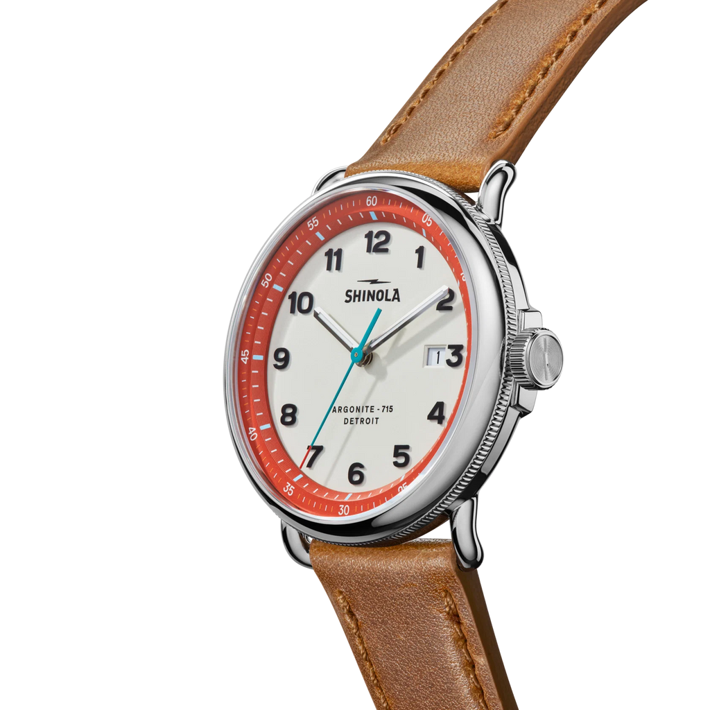 Shinola Canfield C56 quartz 43mm Cream Dial, Red Rehaut, strap