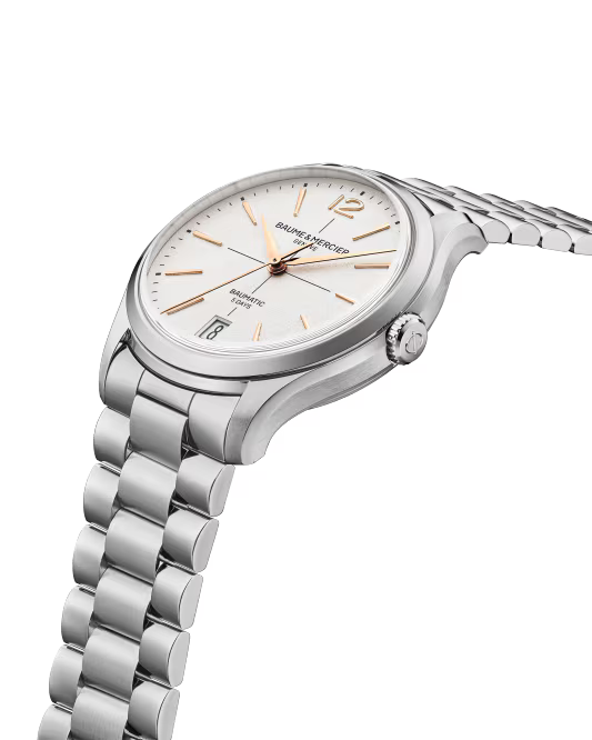 Clifton 10793 39mm Steel Case & Bezel, Exhibition Back, Automatic, White Dial, Steel Bracelet
