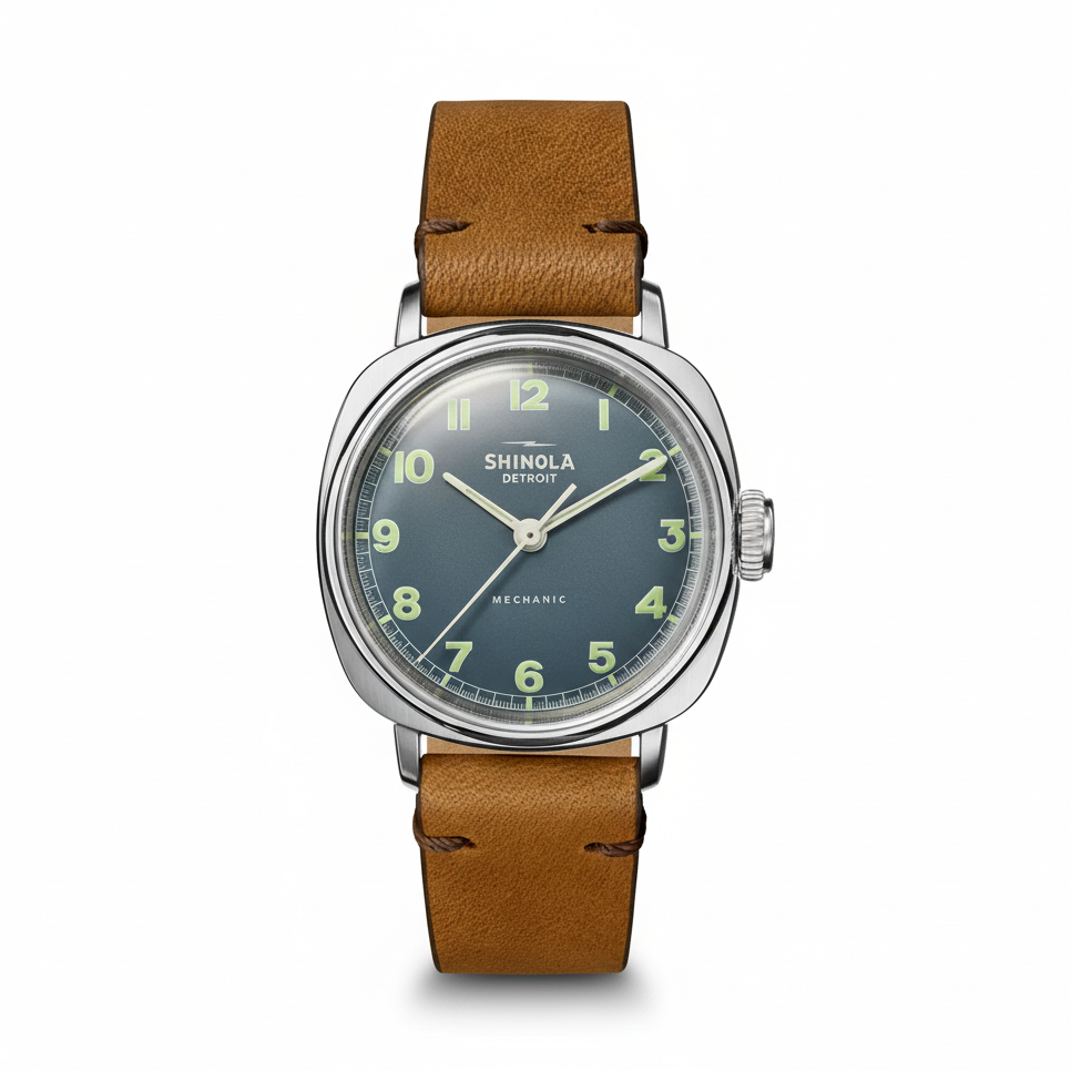 Shinola Mechanic 39mm case steel blue dial leather strap - Shami Fine Watchmaking & Jewelry
