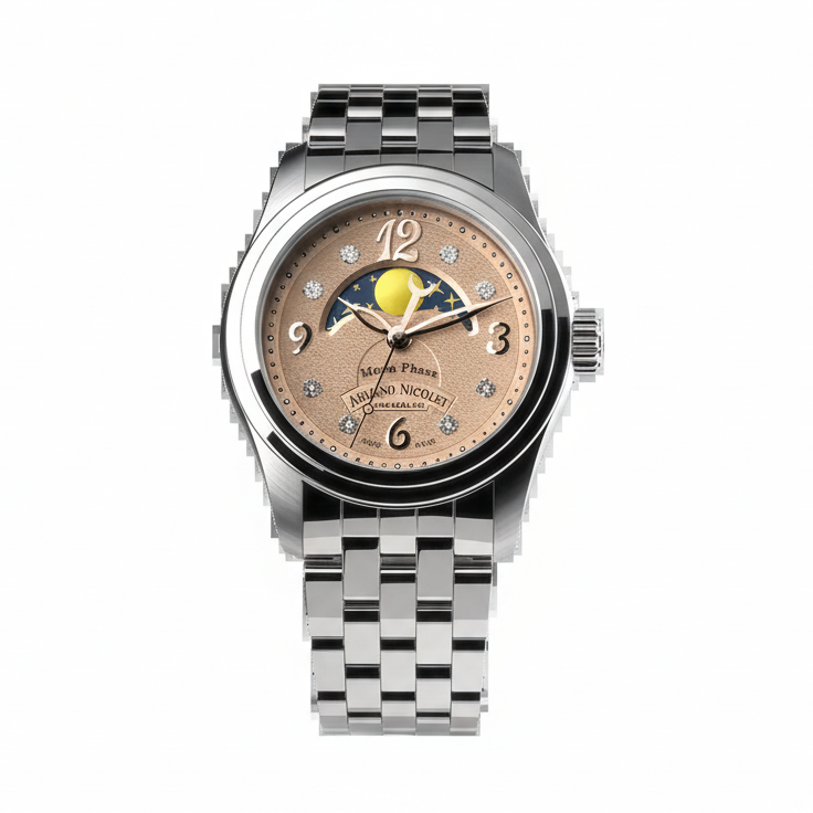 ARMAND NICOLET M03-4, Quartz Moon Phase Ronda 708 with Rose Volcanic Sand Dial - Shami Fine Watchmaking & Jewelry
