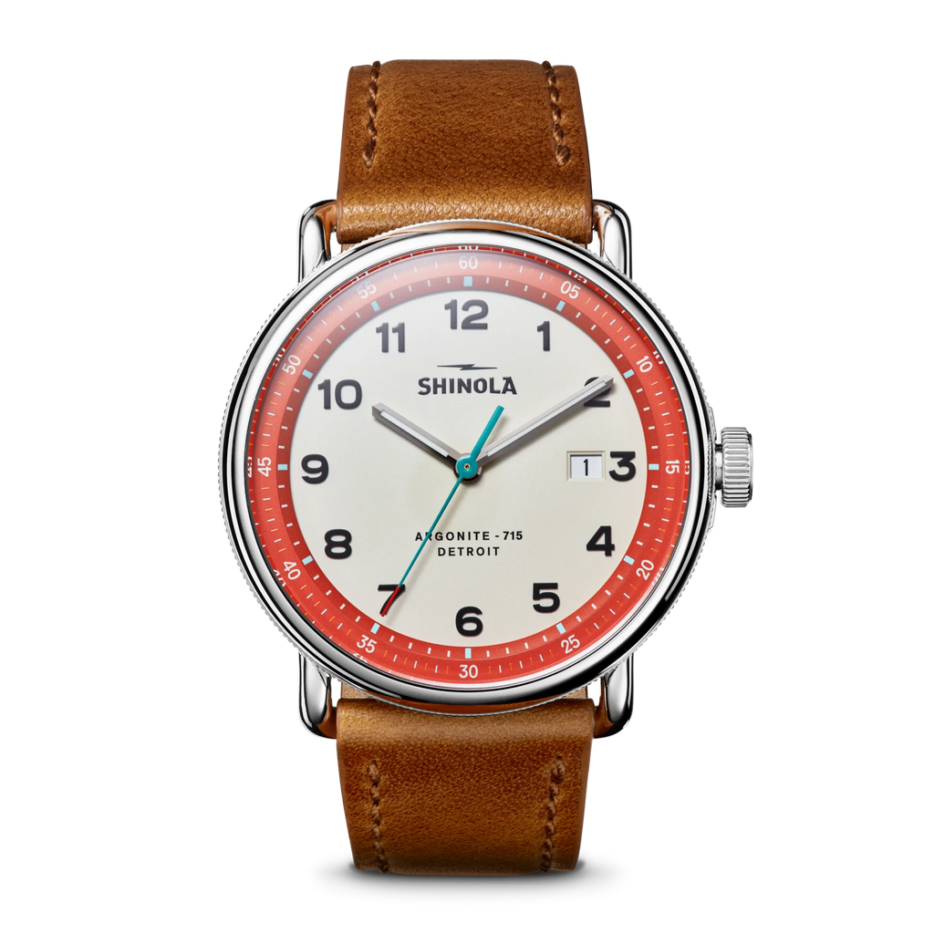 Shinola Canfield C56 quartz 43mm Cream Dial, Red Rehaut, strap