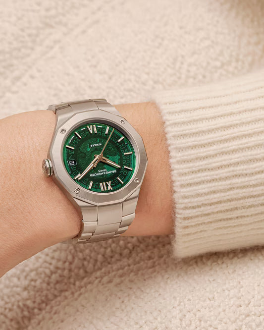Riviera 10770 39mm Steel Case, Dodecagonal Steel Bezel, Exhibition Back, Automatic, Green Dial, Steel Bracelet