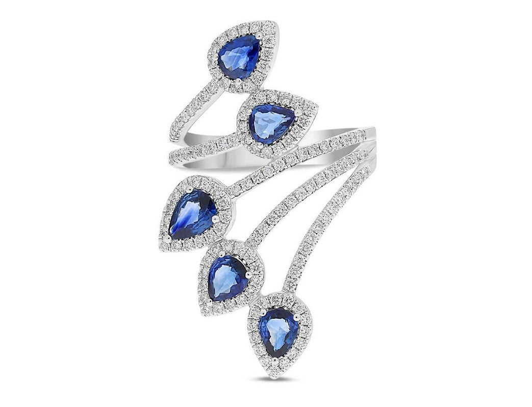 14k White Gold 5 Sapphire and Diamond Bypass Ring