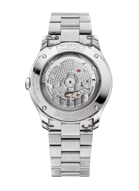Clifton 10793 39mm Steel Case & Bezel, Exhibition Back, Automatic, White Dial, Steel Bracelet